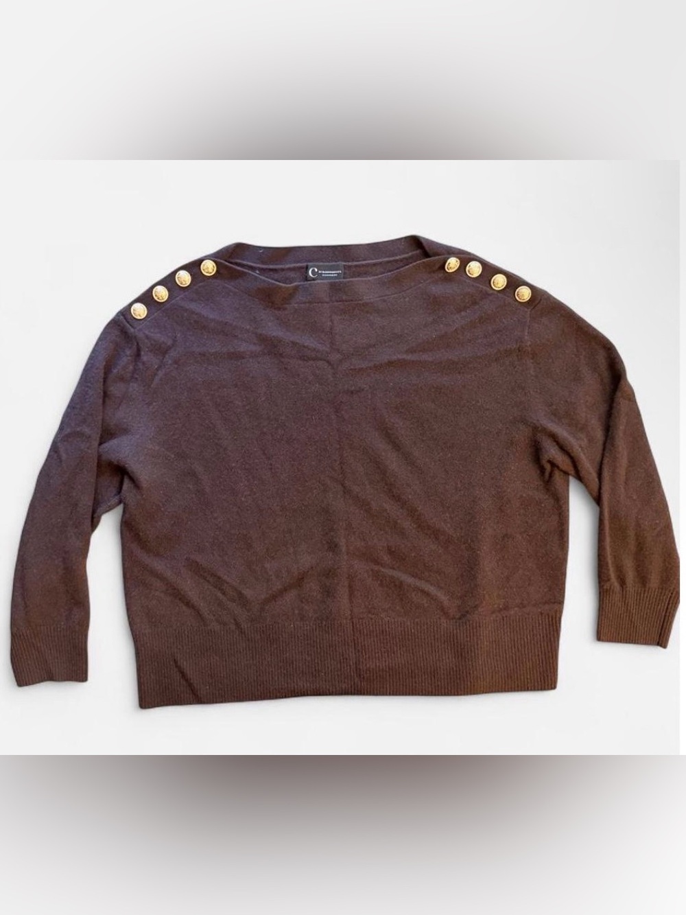 Bloomingdale’s 100% Cashmere Gold Button Sweater Plum Brown Size M Retail $228
